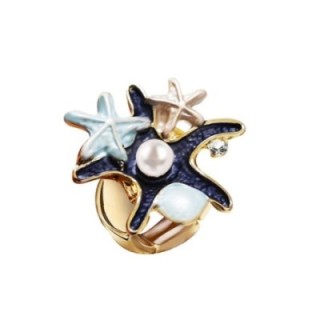 Anello Elastico con Stelle Marine Smaltate E Perla Blu