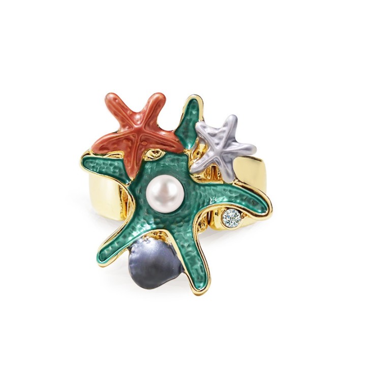 Anello Elastico con Stelle Marine Smaltate E Perla Multicolor