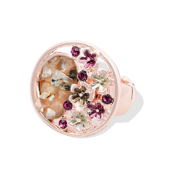 Anello Elastico con Fiori Smaltati E Pietre Fucsia