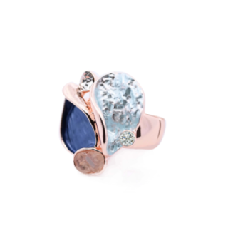 Anello Elastico Smaltato Blu con Strass E Pietre