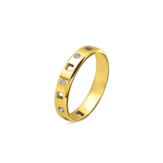Fede Piatta Placcata Oro Giallo Traforo Quadrato con Strass