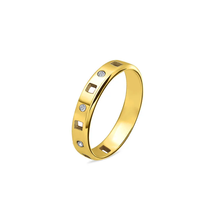 Fede Piatta Placcata Oro Giallo Traforo Quadrato con Strass