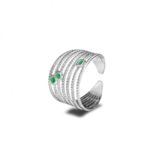 Anello Multilinea Acciaio Silver 316L con Strass Verdi