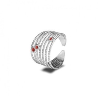 Anello Multilinea Acciaio Silver 316L con Strass Rossi