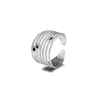 Anello Multilinea Acciaio Silver 316L con Strass Neri