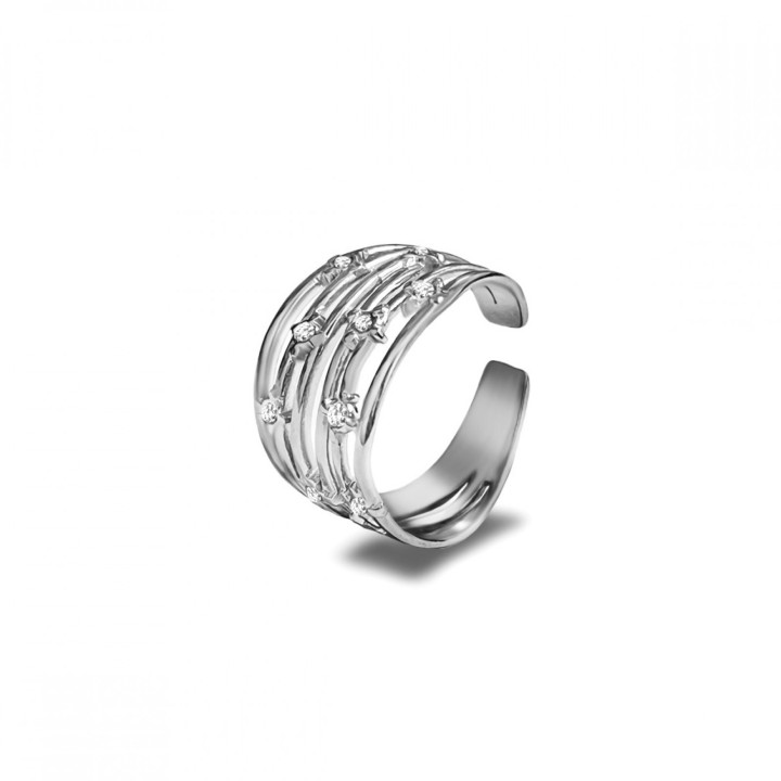 Anello Multilinea Acciaio Silver 316L con Zirconi Bianchi