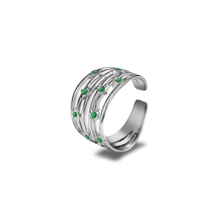 Anello Multilinea Acciaio Silver 316L con Zirconi Verdi