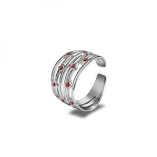 Anello Multilinea Acciaio Silver 316L con Zirconi Rossi
