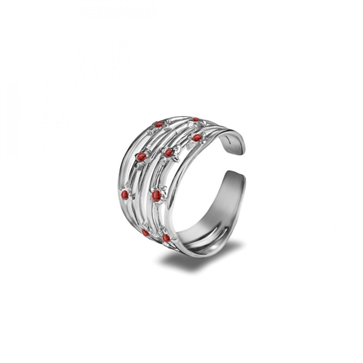 Anello Multilinea Acciaio Silver 316L con Zirconi Rossi