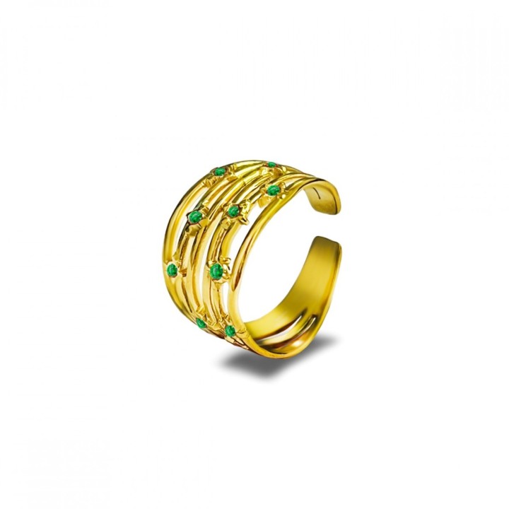Anello Multilinea Placcato Oro Giallo con Zirconi Verdi