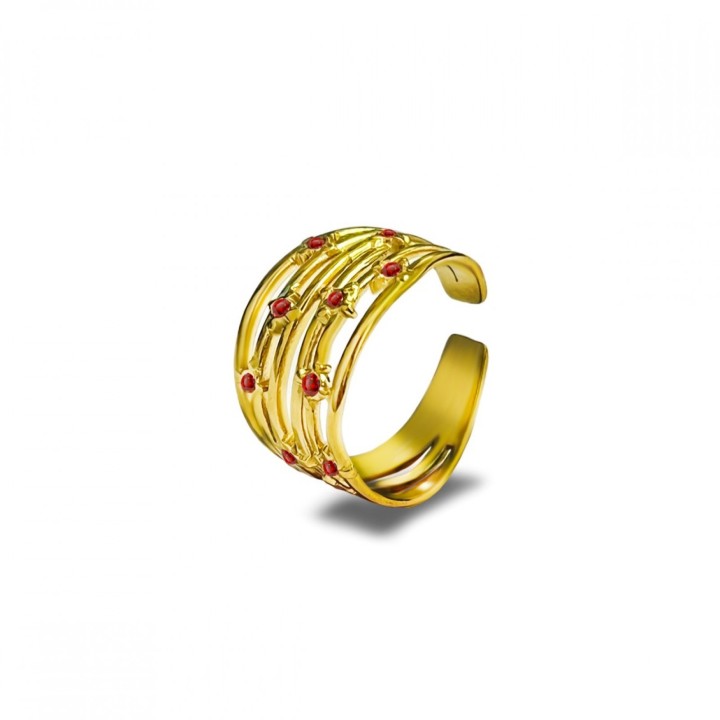 Anello Multilinea Placcato Oro Giallo con Zirconi Rossi