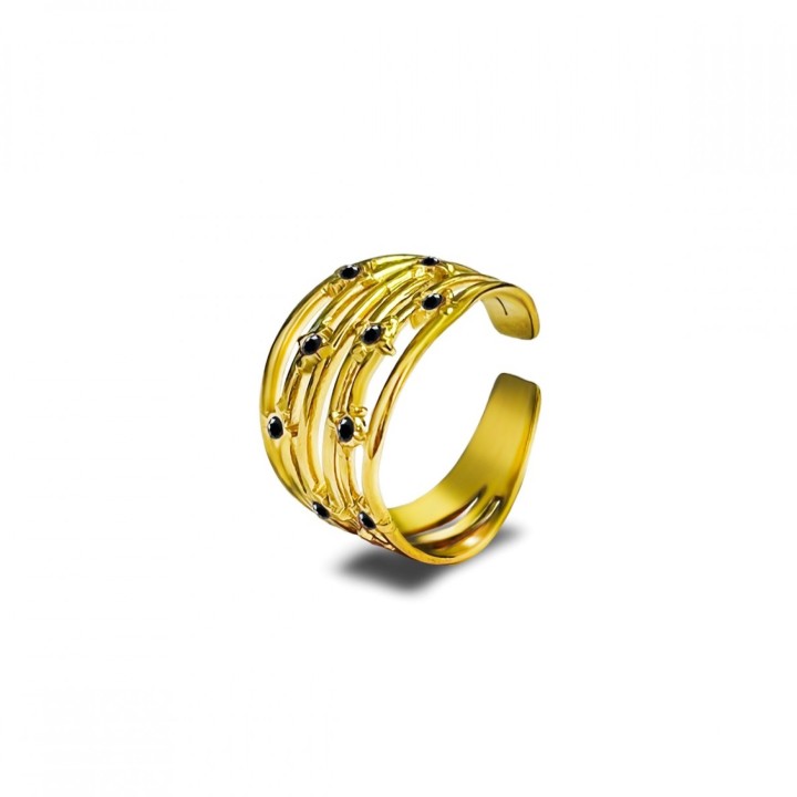 Anello Multilinea Placcato Oro Giallo con Zirconi Neri