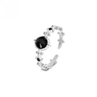 Anello Aperto Zigry Acciaio Silver 316L con Zircone Nero