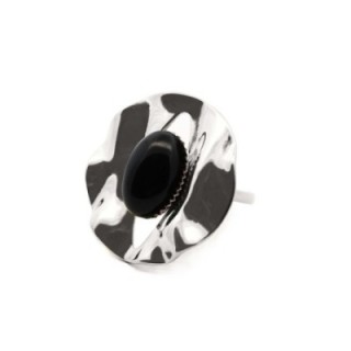 Anello Vintage 'Sombrilla' Acciaio Silver 316L con Pietra Nera