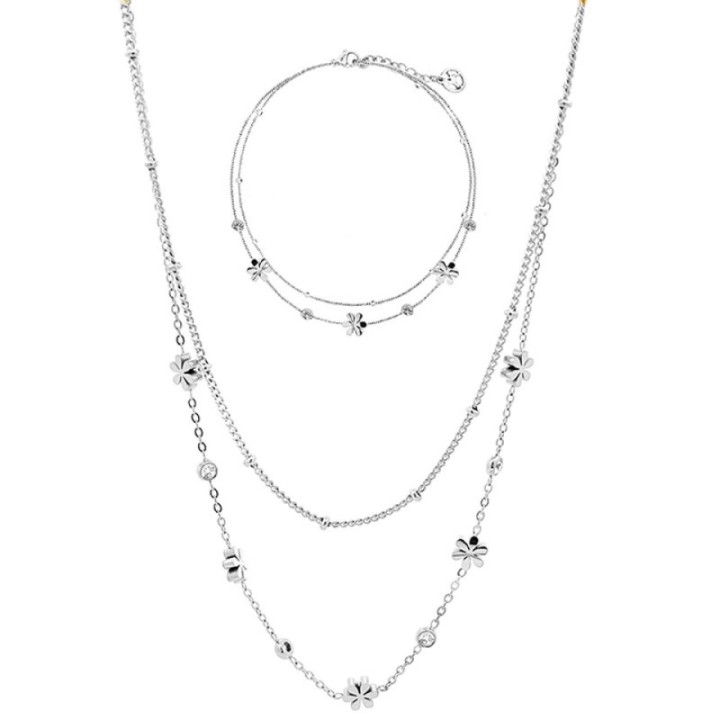 Parure Fiore & Zirconia & Doppio Filo Acciaio Silver 316L
