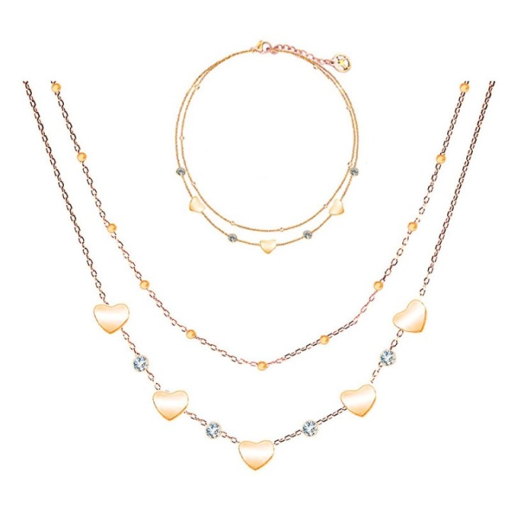 Parure Cuore & Zirconia & Doppio Filo Placcata Oro Rosa