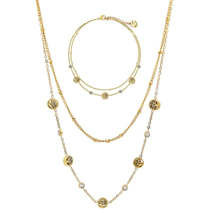 Parure Albero Della Vita & Zirconia & Doppio Filo Placcata Oro Giallo