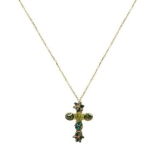 Collana Croce Verde con Cristalli a Forma Fiore