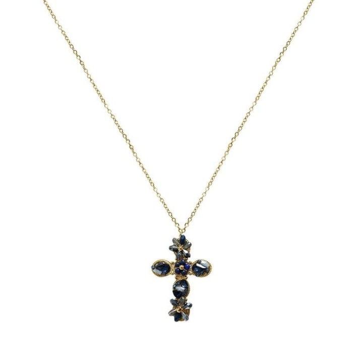 Collana Croce Blu con Cristalli a Forma Fiore