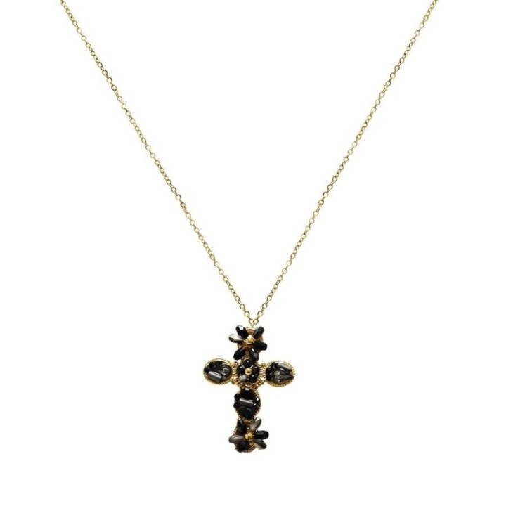 Collana Croce Nera con Cristalli a Forma Fiore