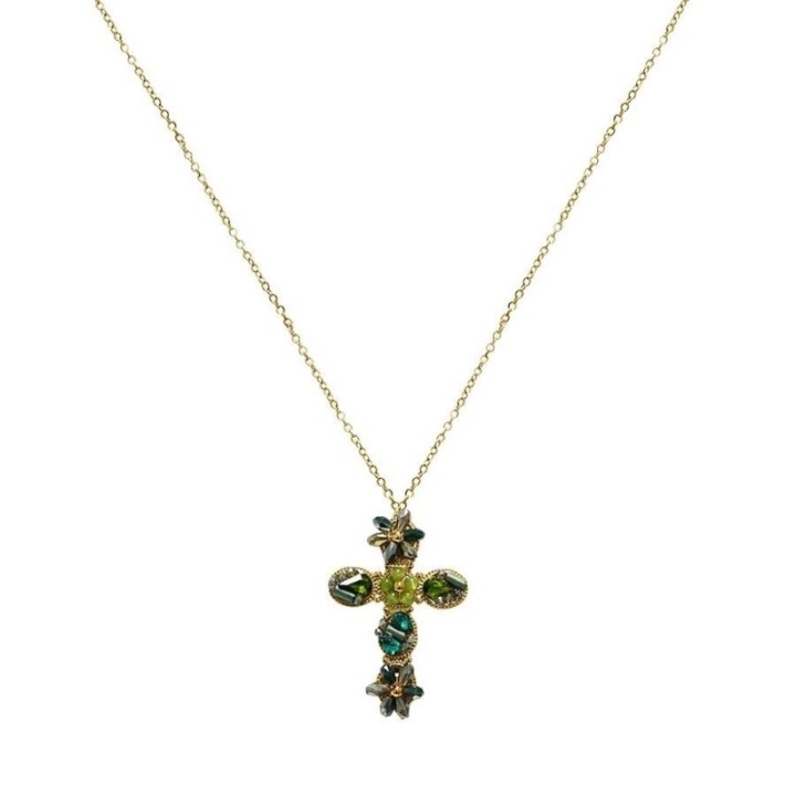 Collana Croce Forest con Cristalli a Forma Fiore