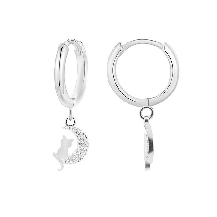 Orecchini a Cerchio Argento con Gatto sulla Luna con Zirconia