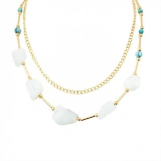 Collana Bijoux Doppio Girocollo Dorata con Pietre e Perline Bianco-Celesti