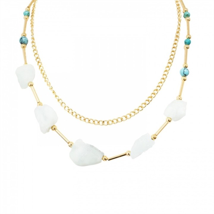 Collana Bijoux Doppio Girocollo Dorata con Pietre e Perline Bianco-Celesti