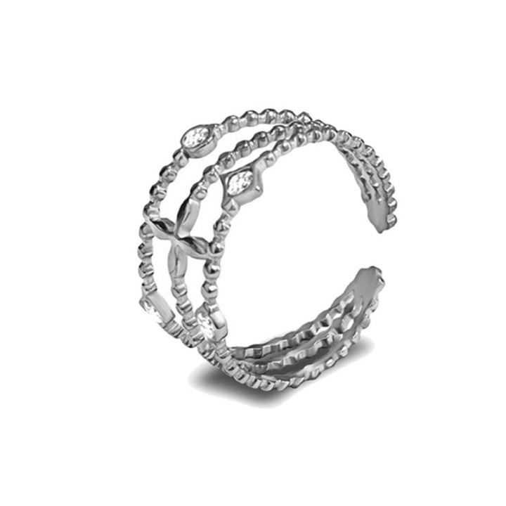 Anello Multilinea con 4 Zirconi Bianchi Regolabile in Acciaio Argento
