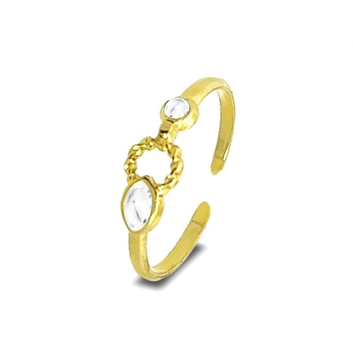 Anello con 2 Zirconi Bianchi Regolabile in Acciaio Oro Giallo