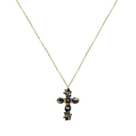 Collana Croce Blu con Cristalli a Forma Fiore