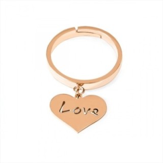 Anello Regolabile LOVE Acciaio RosÃ© con Pendente Cuore e Scritta