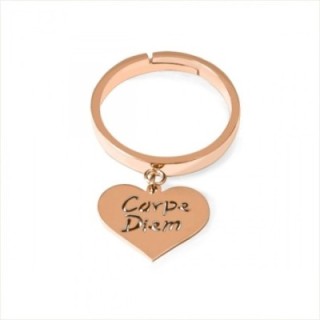 Anello Regolabile CARPE DIEM Acciaio RosÃ© con Pendente Cuore e Scritta