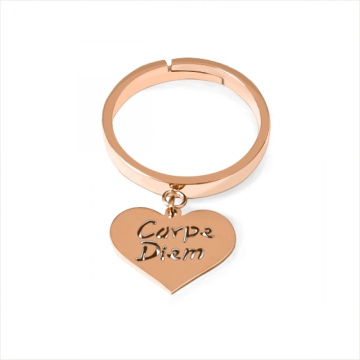 Anello Regolabile CARPE DIEM Acciaio RosÃ© con Pendente Cuore e Scritta