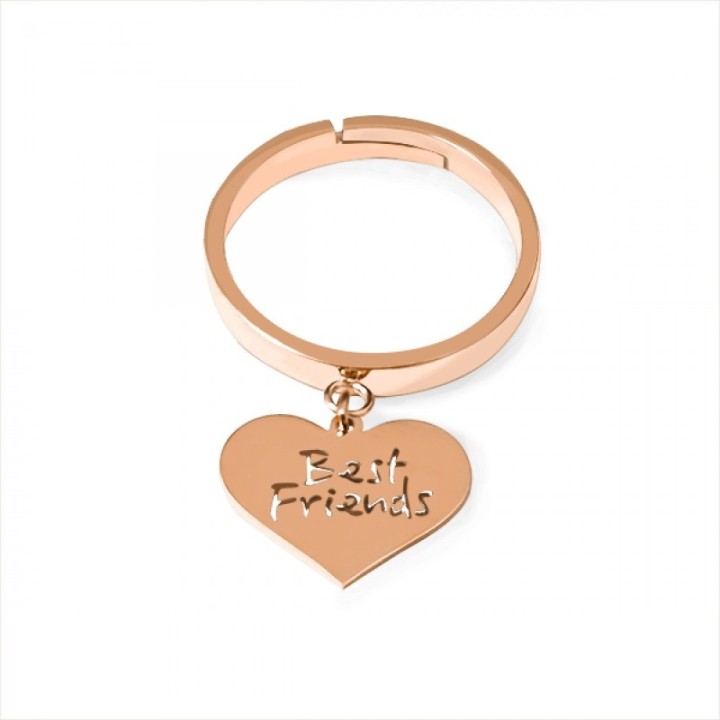Anello Regolabile BEST FRIENDS Acciaio RosÃ© con Pendente Cuore e Scritta