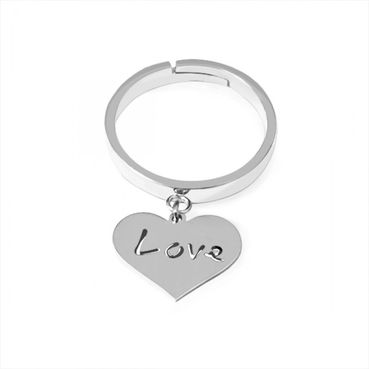 Anello Regolabile LOVE Acciaio Argento con Pendente Cuore e Scritta