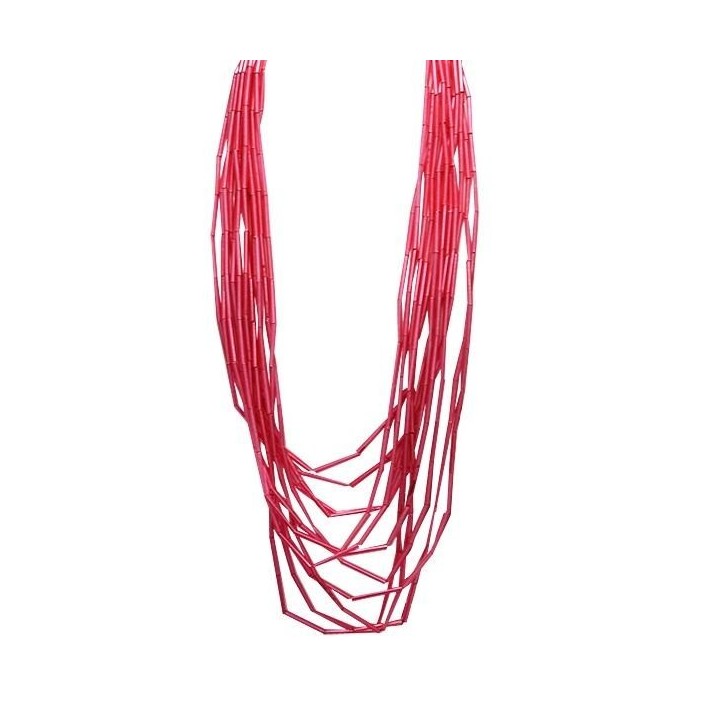 Collana Bijoux Lunga Multifilo FUCSIA Maglie di Bambu Resina Corda