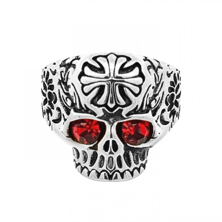 Anello Uomo Argentato con Teschio Acciaio 316L Cristalli