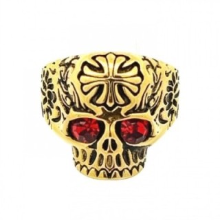Anello Uomo Dorato con Teschio Acciaio 316L Cristalli