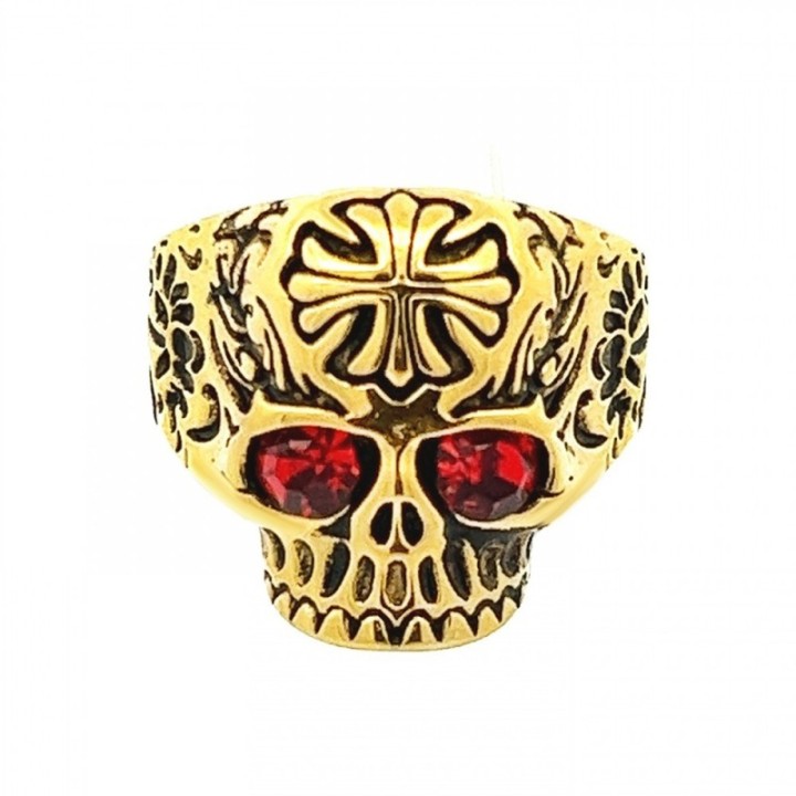 Anello Uomo Dorato con Teschio Acciaio 316L Cristalli