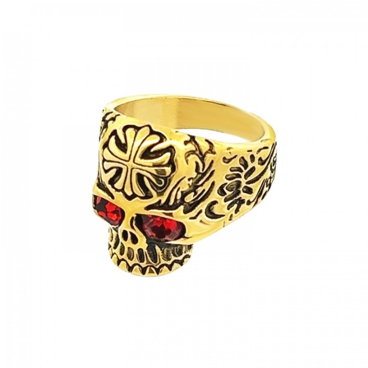 Anello Uomo Dorato con Teschio Acciaio 316L Cristalli