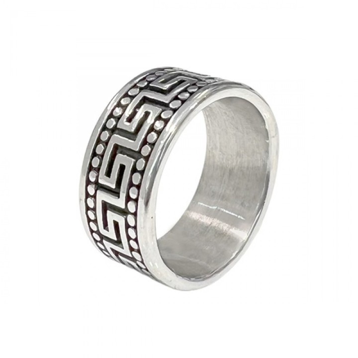 Anello Uomo Argentato Greca Puntinata Acciaio 316L