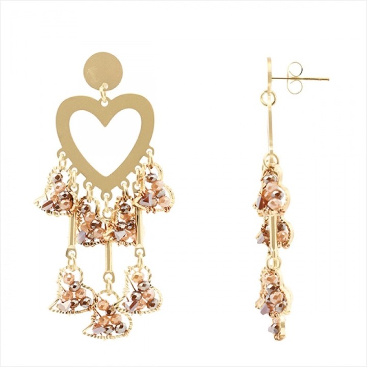 Pendenti Cuori con Cristalli Rosa a Cascata Acciaio Dorato