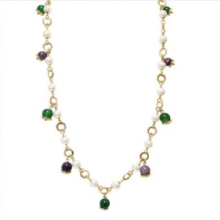Collana Bijoux Lunga con Campanelle Agata Verde e Perle - 85cm
