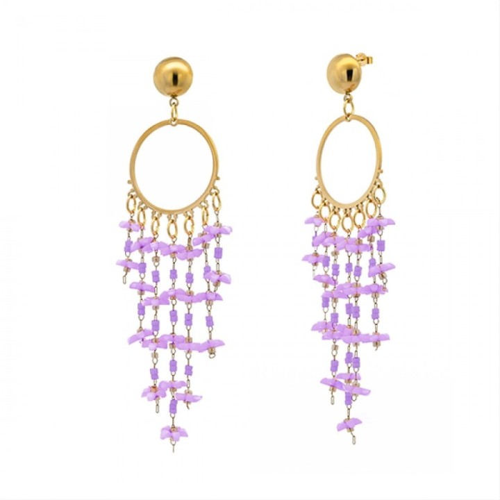 Pendenti a Cascata con Fiorellini Viola Multilinea Acciaio Dorato Rodiato