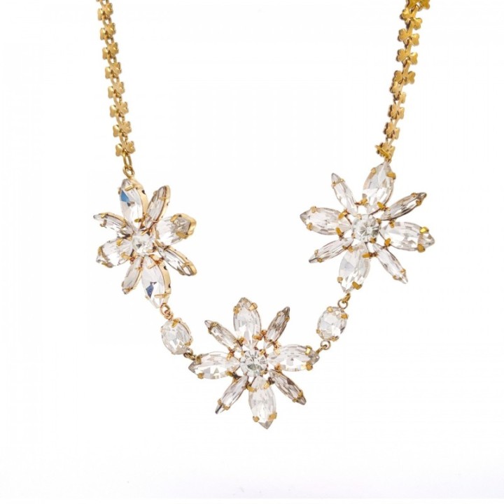 Collana Tre Fiori Cristallo Bianco Acciaio Dorato