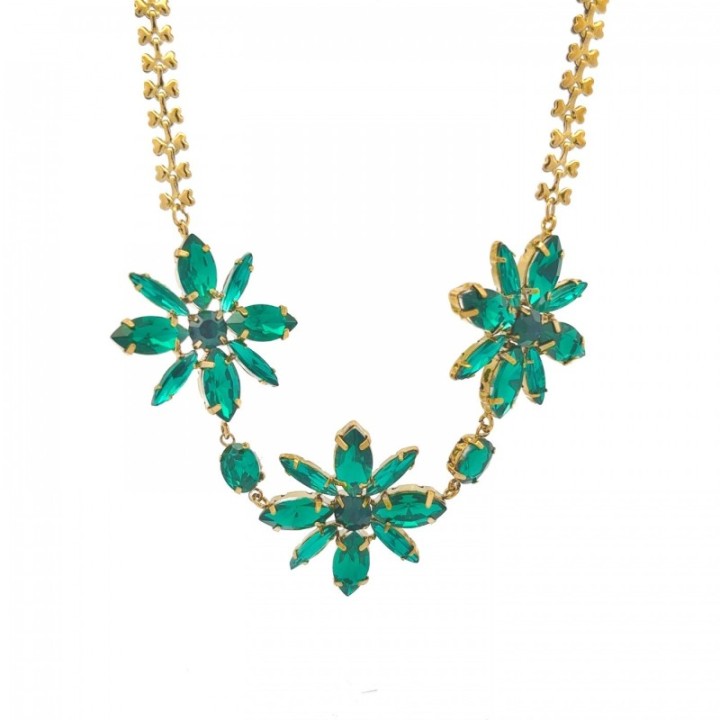 Collana Tre Fiori Cristallo Verde Acciaio Dorato