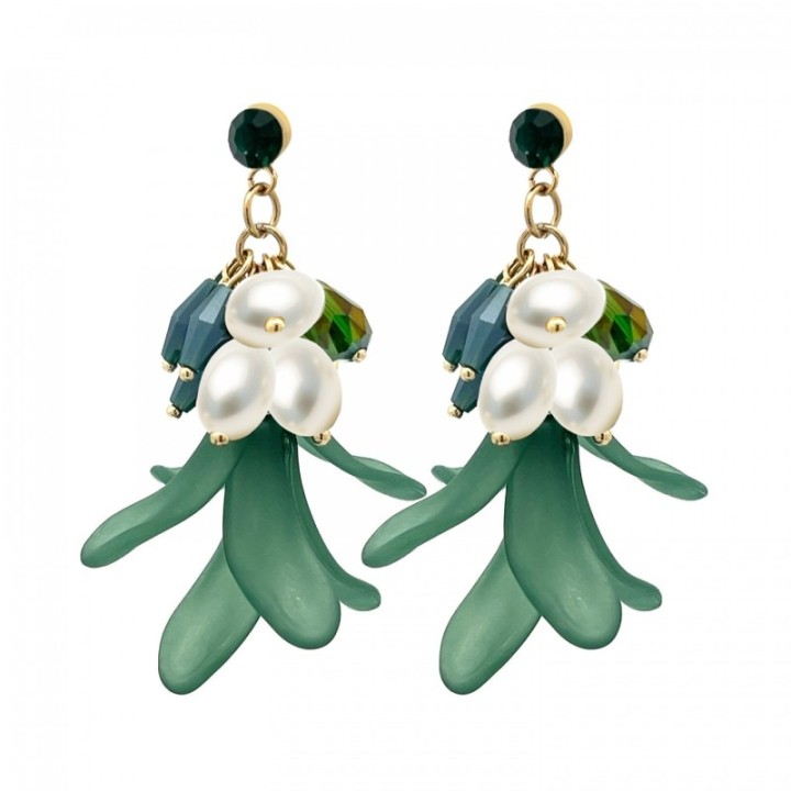 Pendenti Petali Verdi Perle Cristalli Acciaio 316L Dorato