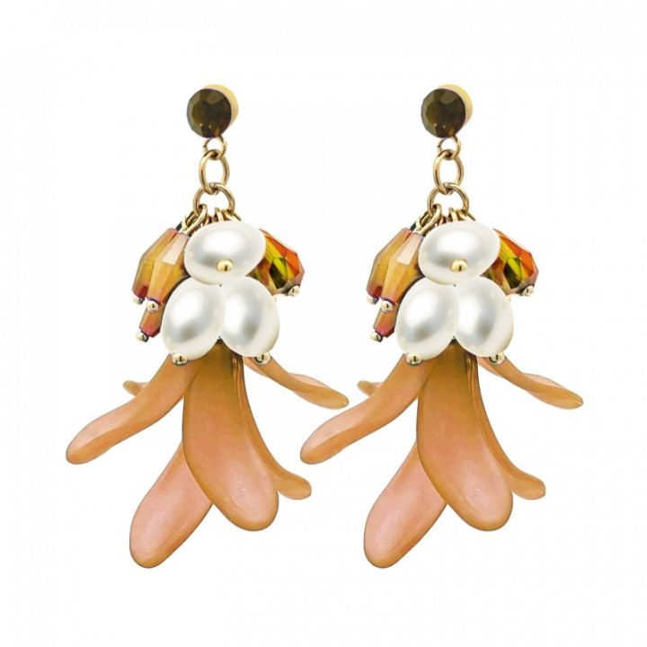 Pendenti Petali Arancio Perle Cristalli Acciaio 316L Dorato