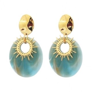 Pendenti Sole Raggiante Ovale Azzurro Marmo Acciaio 316L Dorato